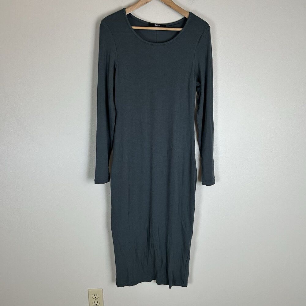 Quince Tencel Rib Knit Long Sleeve Gray Midi Dress Size M Pencil Sheath Bodycon